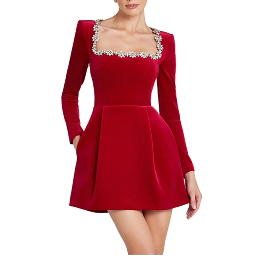 Elegant Red Dress with Embellished Neckline